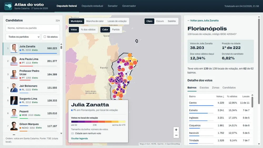 Atlas do voto mostrando Florianópolis com uma bolha por escola, coloridas pelos votos de uma deputada federal